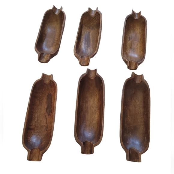 Vintage Hand Carved Wooden Corn on the Cob Dishes Serving Boats Set of 6‎ Brown